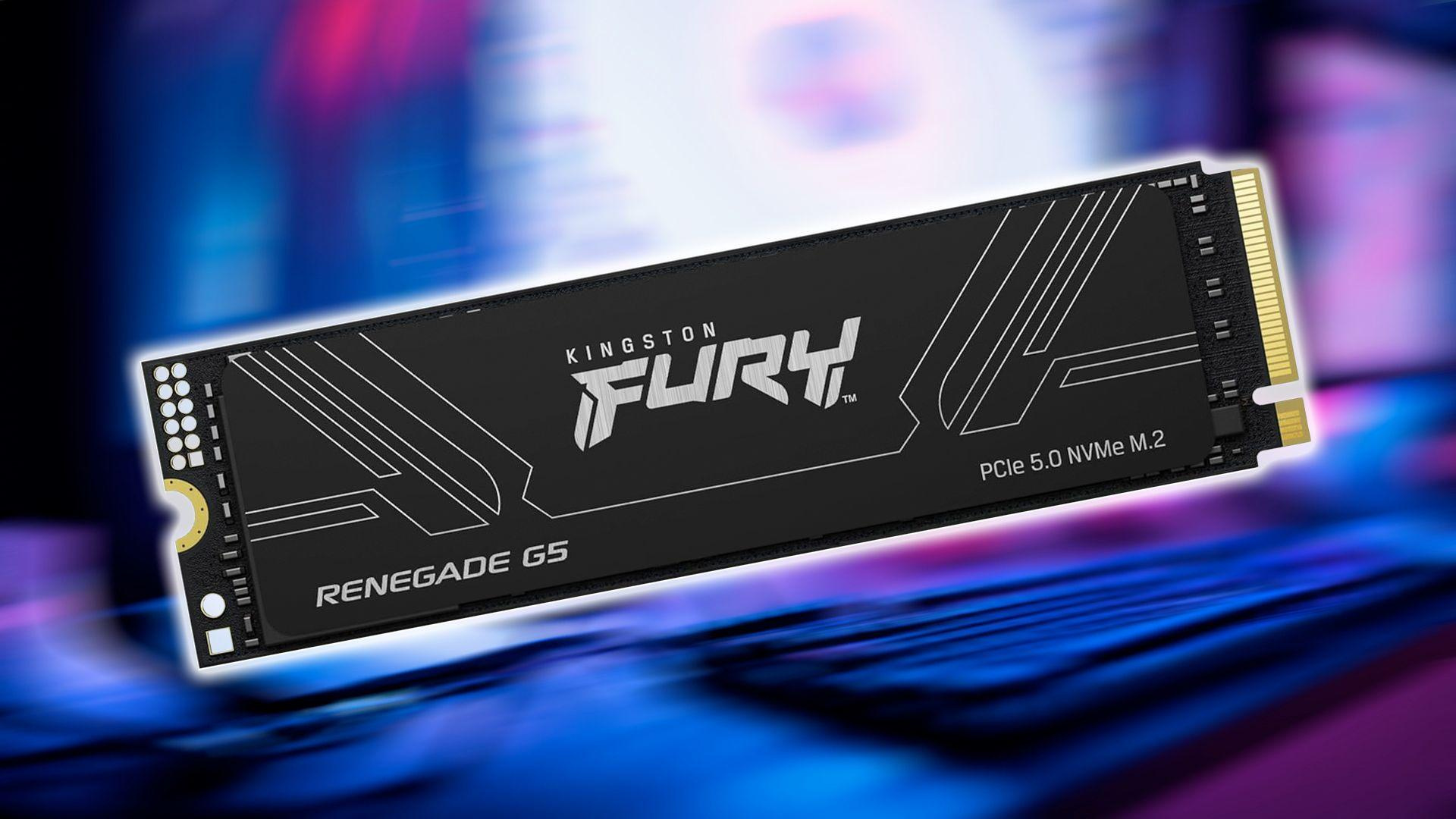 The Kingston FURY Renegade G5 SSD over a colorful background.