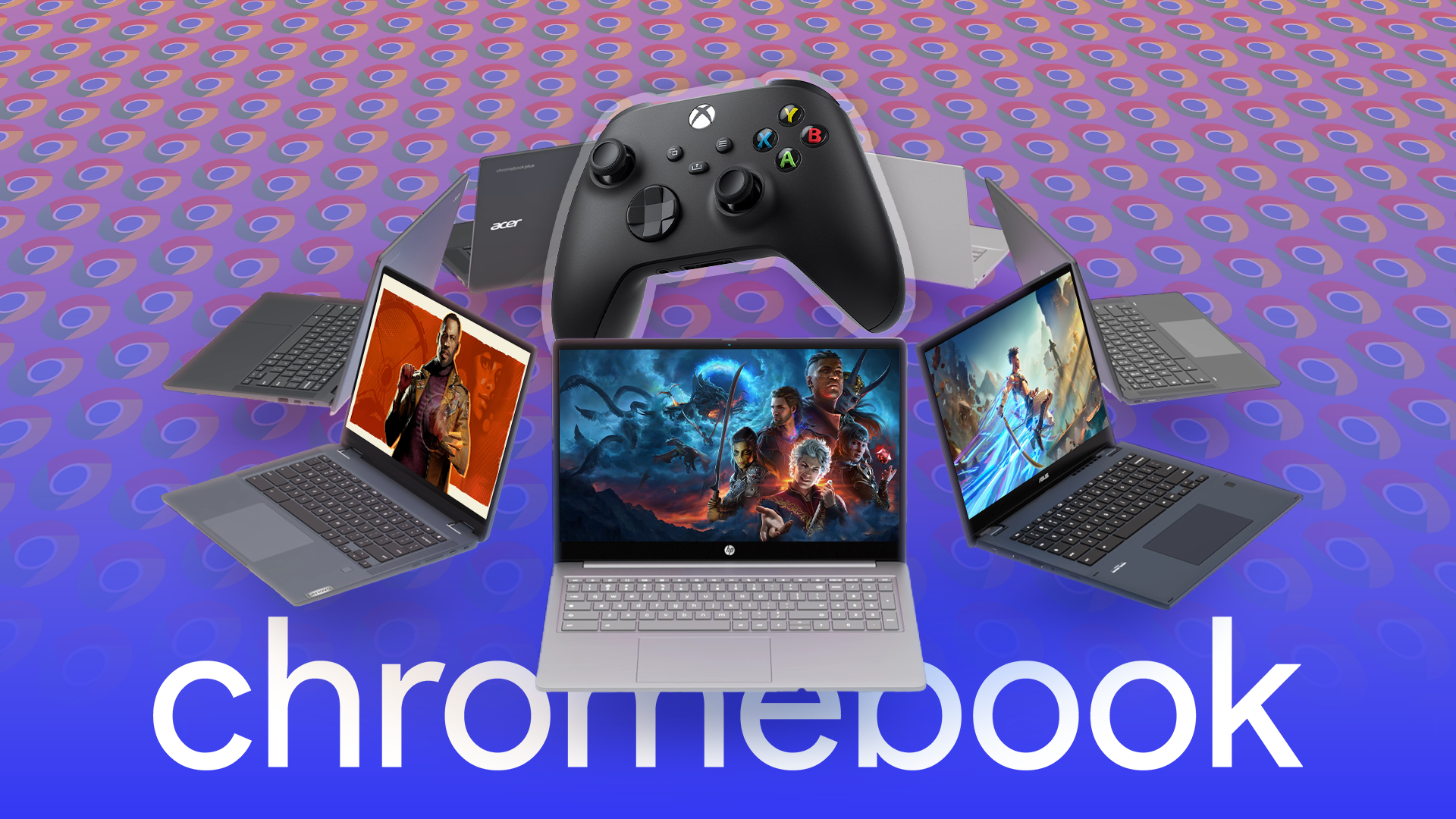 Some Chromebooks side by side running games, with a video game controller in the center.